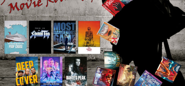Pick Up & Deliver 787: July / August 2025 Movie Roundup Man walking by movie posters, with games falling out of his bag