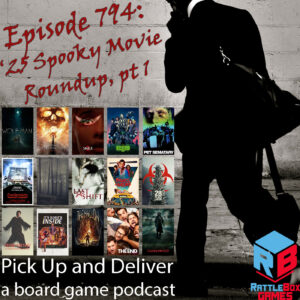 Man walking by a wall of spooky movie flyers