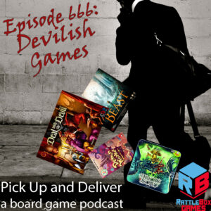 Man with games that have a devilish theme falling out of his bag.