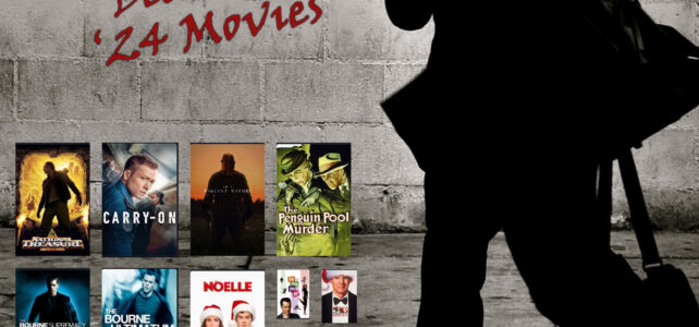 Man walking near movie posters