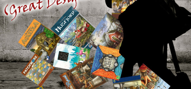 Uwe Rosenberg games falling out of a man's messenger bag.