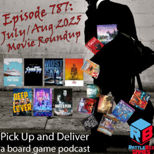 Man walking by movie posters, with games falling out of his bag