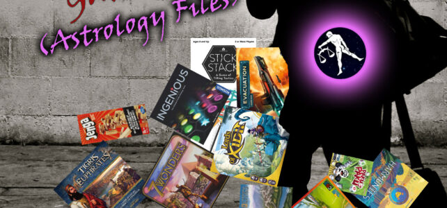 Man with games falling out of his bag (which has a libra icon on it)