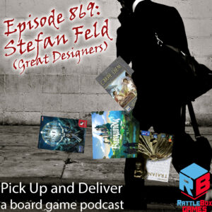 Man with Stefan Feld games falling out of his bag