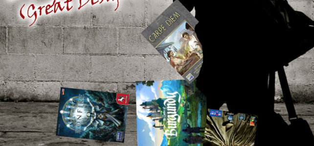 Man with Stefan Feld games falling out of his bag